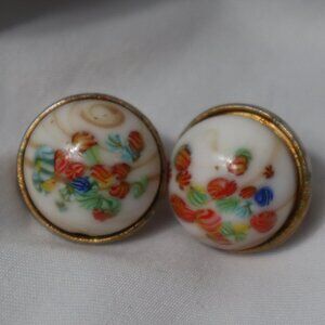 Porcelain Floral Dome Gold Trim Clip On Earrings Vintage Costume Jewelry